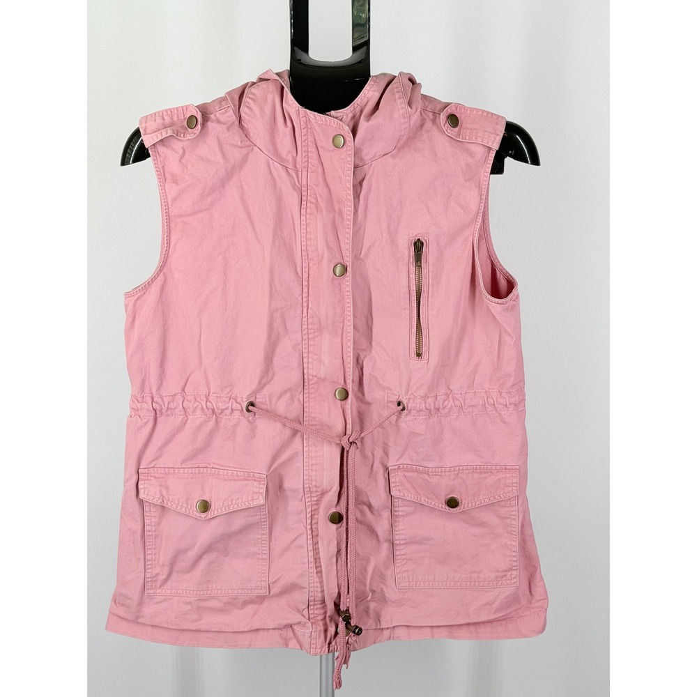 Zenana Outfitters Pink Utility Vest Hooded Cotton Drawstring Waist Size M